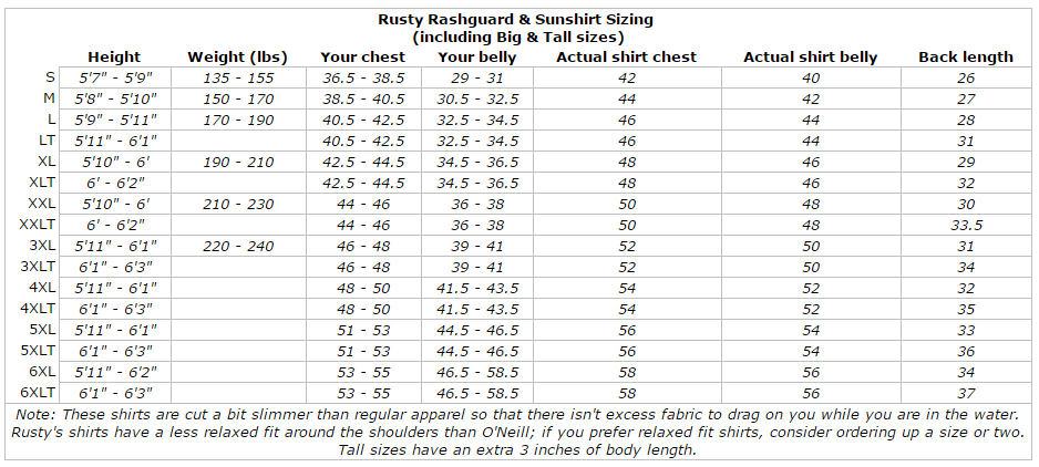 Rusty Shortsleeve Breathable Swim Sun Surf Shirt Rashguard (Standard & Big/Tall) size chart