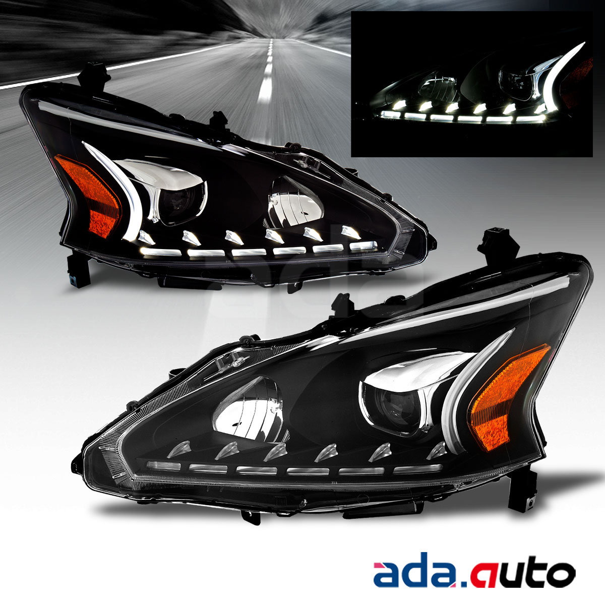 For 20132015 Nissan Altima Sedan [LED DRL Projector] Black Headlights