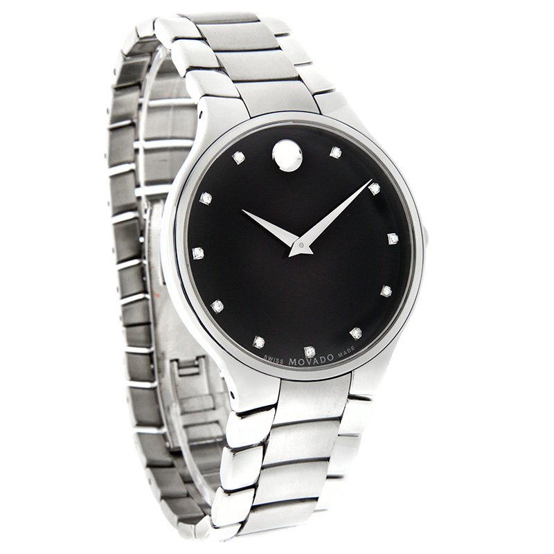 Movado Serio Series Mens Diamond Black Dial Swiss Quartz Watch 0606490