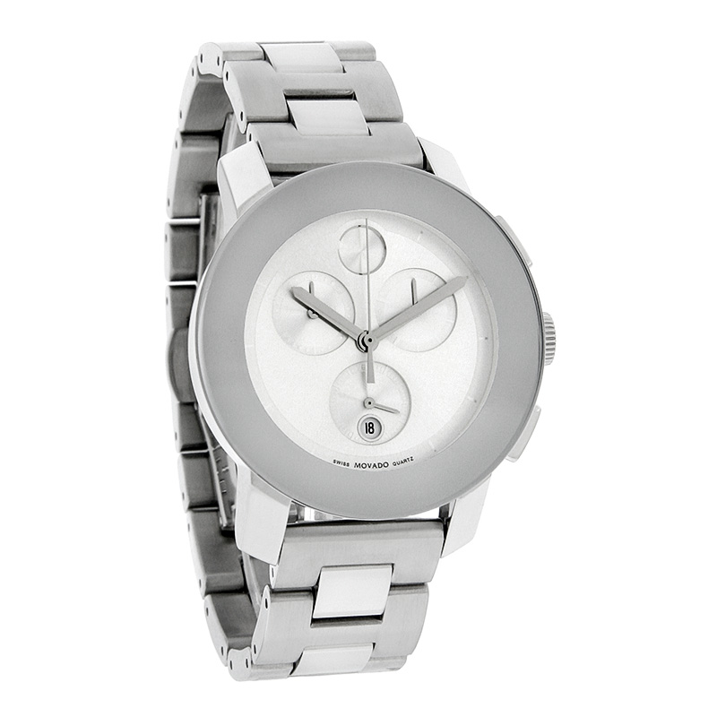Movado Bold Mens Silver Dial Mirror Bezel Swiss Chronograph Quartz