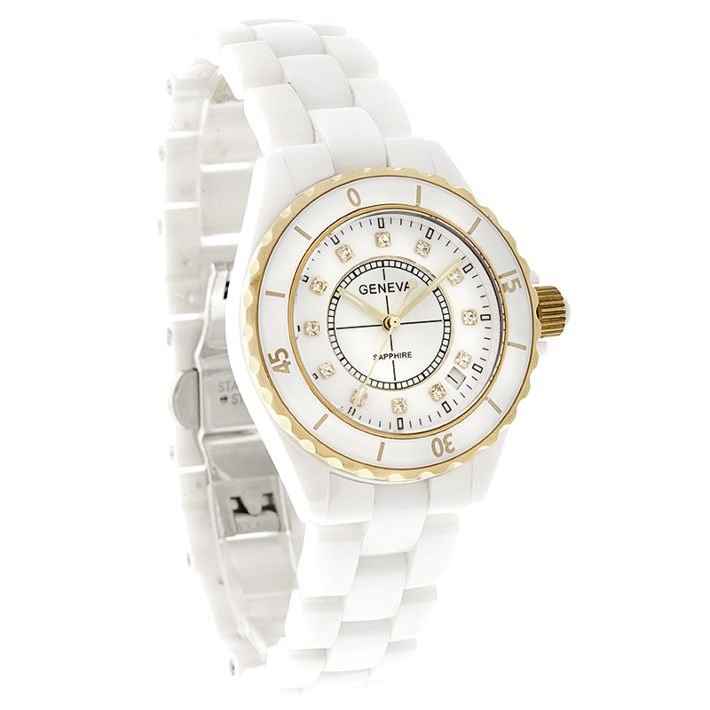 Geneve Sapphire Ladies Diamond White Ceramic Bracelet Quartz Watch 9235M