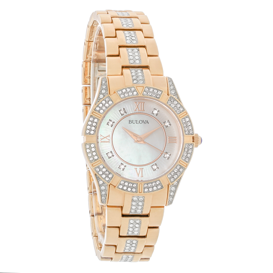 Bulova Crystal Ladies MOP Rose Gold Tone Bracelet Quartz Watch 98L197