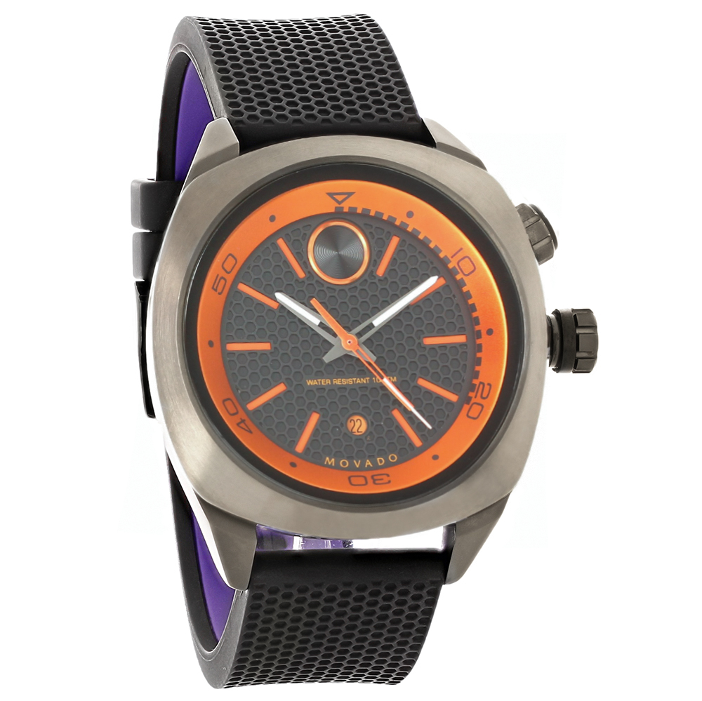 Movado Bold Mens Black Rubber Band Orange Accents Swiss Quartz Watch
