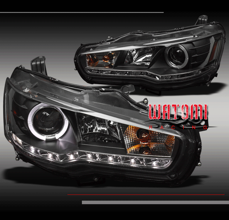 0814 MITSUBISHI LANCER EVO X HALO DRL LED PROJECTOR HEADLIGHTS BLACK