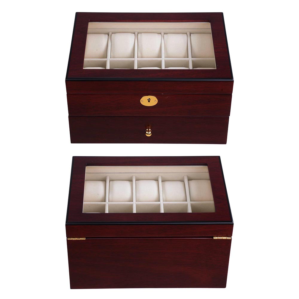 20 Watch Display Case Cherry/Ebony Wood Box Glass Top Jewelry Storage