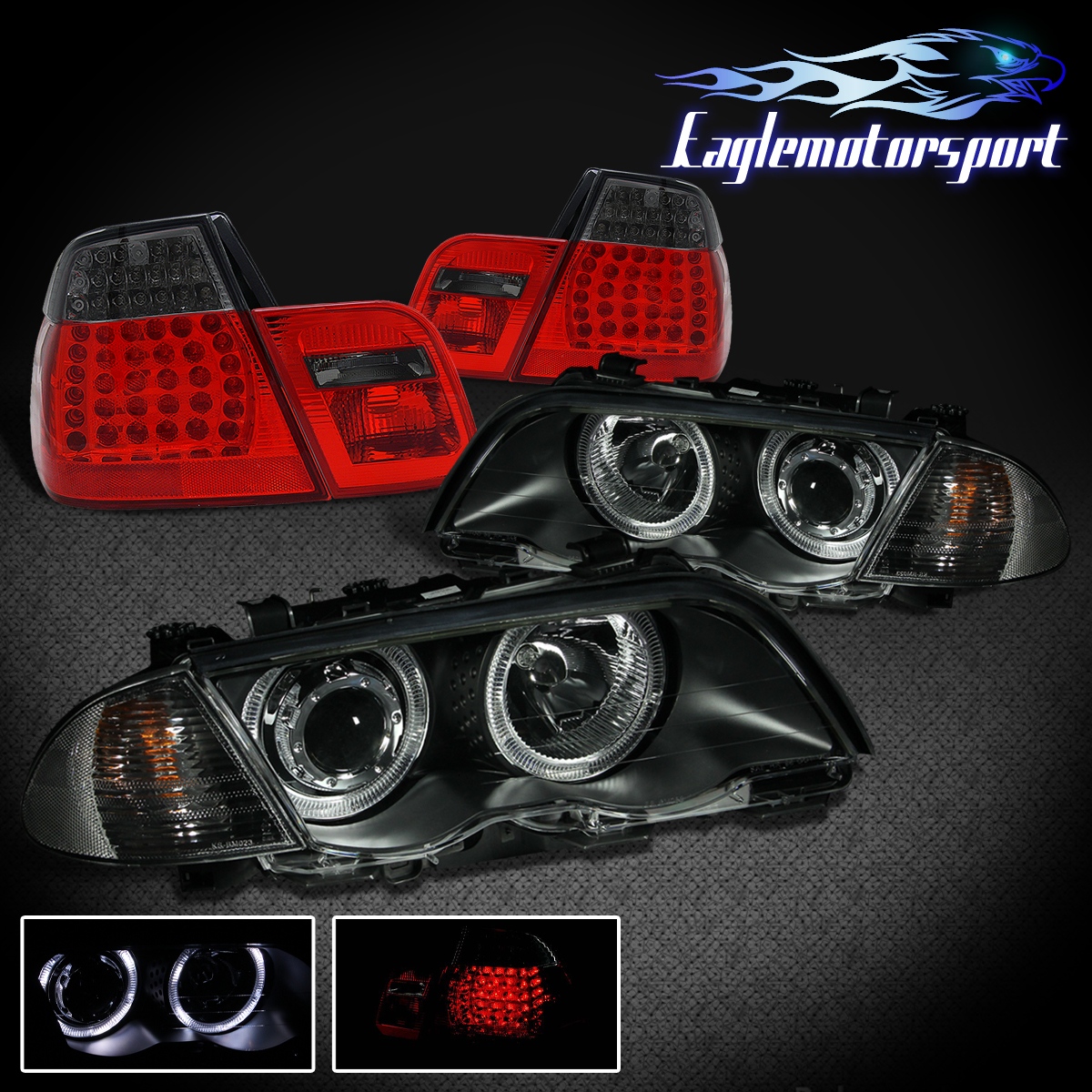 BLK HALO PROJECTOR HEADLIGHTS 19992001 BMW E46 4DR/RED SMOKE LED TAIL