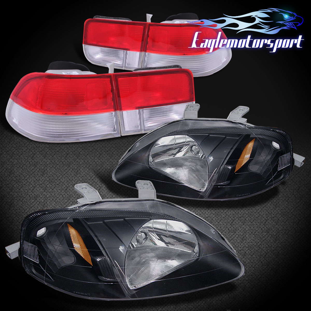 19992000 Civic 2DR Coupe EK JDM BLK Amber Headlights/Red Clear Tail Lights