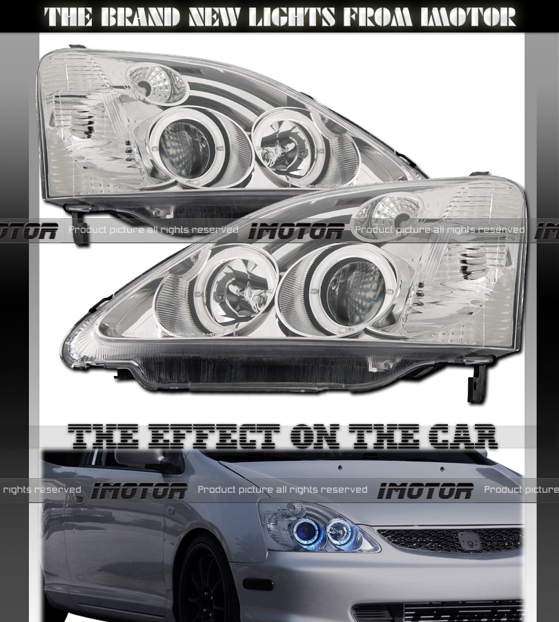02-03 Honda Civic Si EP3 Dual Angel Eye Halo Projector Chrome Headlights Lamps