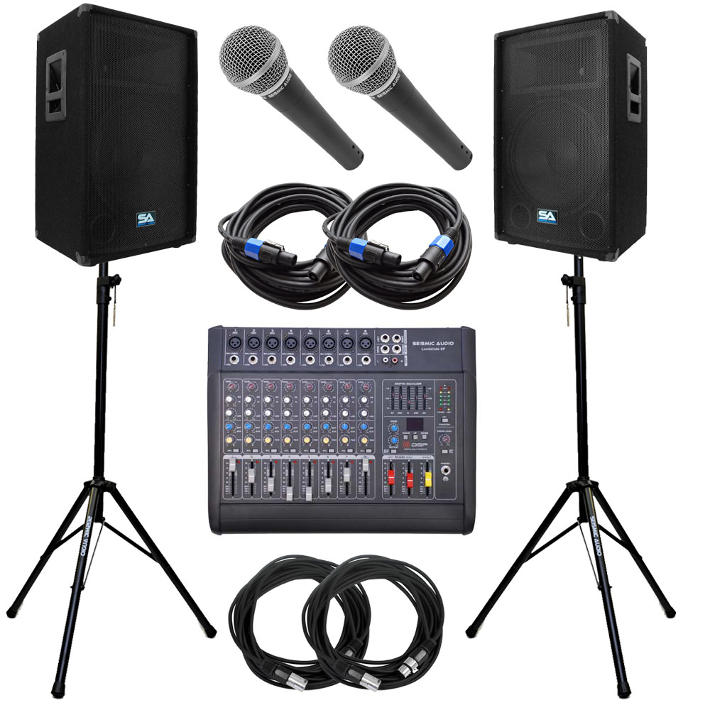 Seismic Audio Power Mixer, PA DJ 15" Speakers, Stands & Cable Package