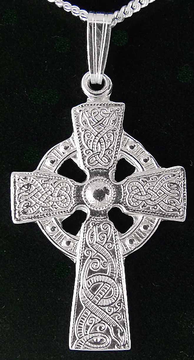 14K-White-Gold-Silver-Warrior-Celtic-Cross-Necklace-Pendant-Mens-Irish ...