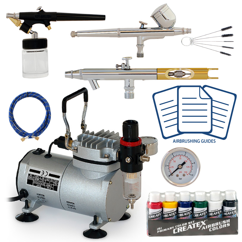 Complete Airbrush Hobby Kit 6 CREATEX Color Paint Set Any Use Auto Art