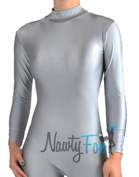 Silver Gray Super Hero Spandex Mock Neck Unitard,Bodysuit Aerobic