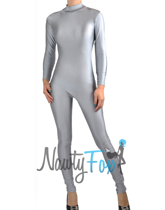 Silver Gray Super Hero Spandex Mock Neck Unitard,Bodysuit Aerobic