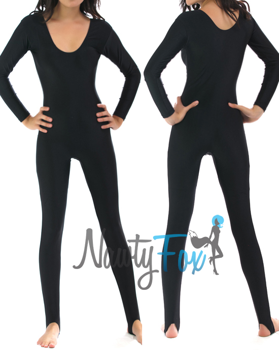 Black Scoop Neck Long Sleeve Shiny Spandex Dance Stirrup Unitard Bodysuit S2XL eBay
