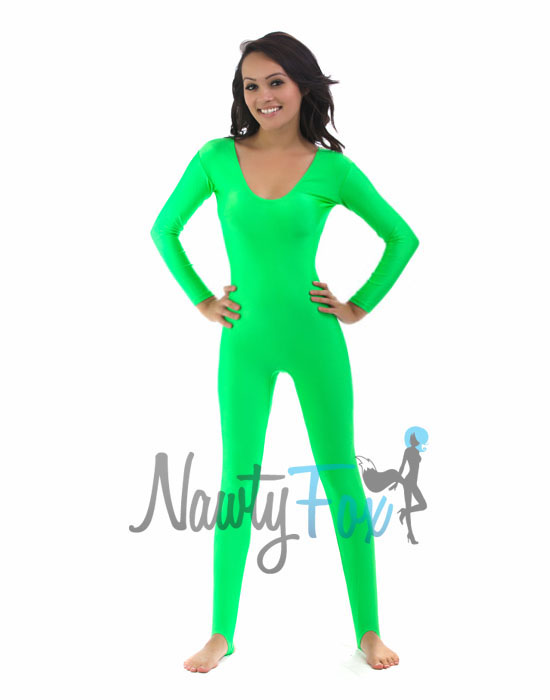 Neon Green Scoop Neck Long Sleeve Stirrup Disco Aerobic Dance Unitard S2XL