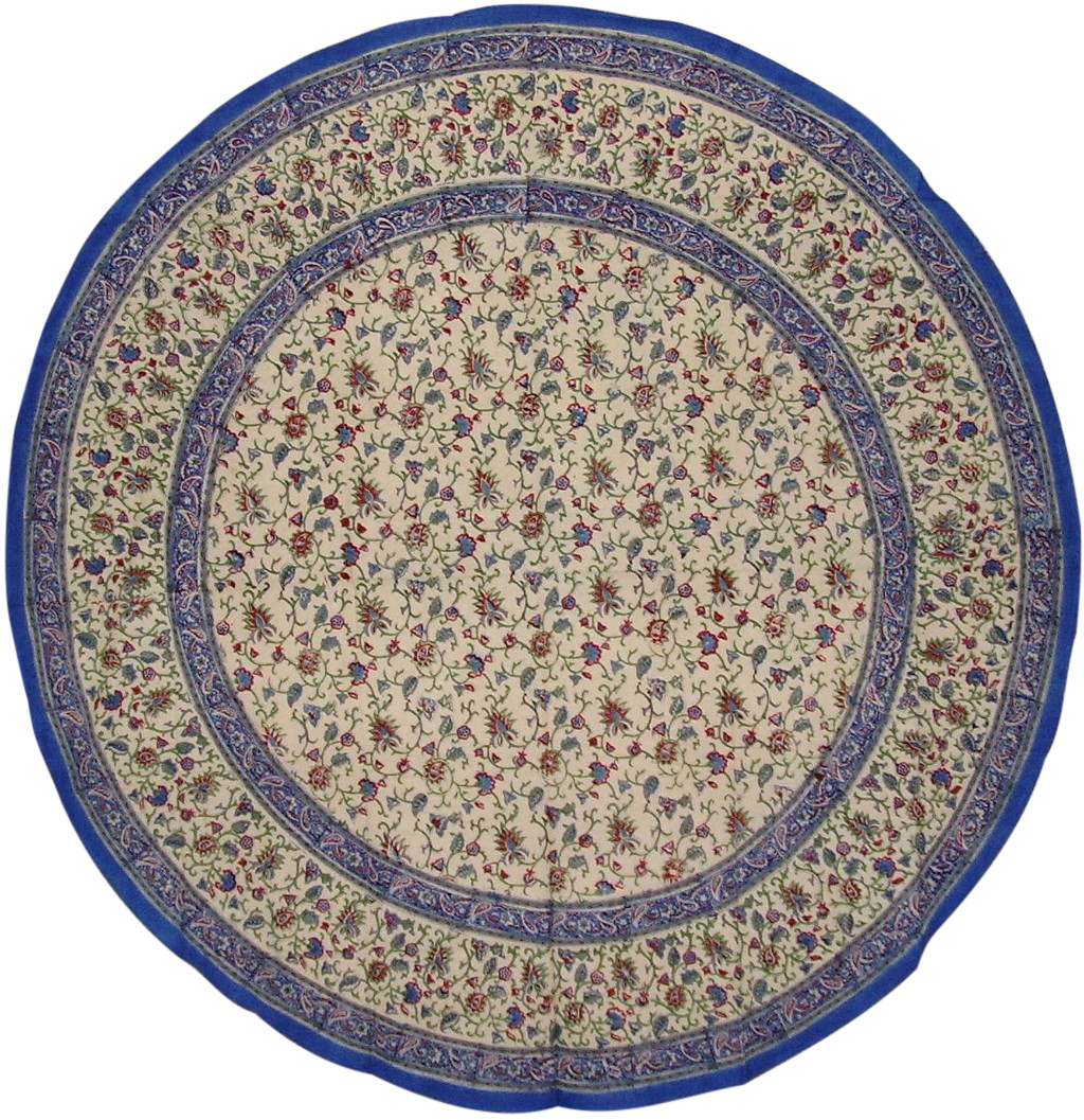 Primitive Block Print Floral Round Cotton Tablecloth 72" Blue