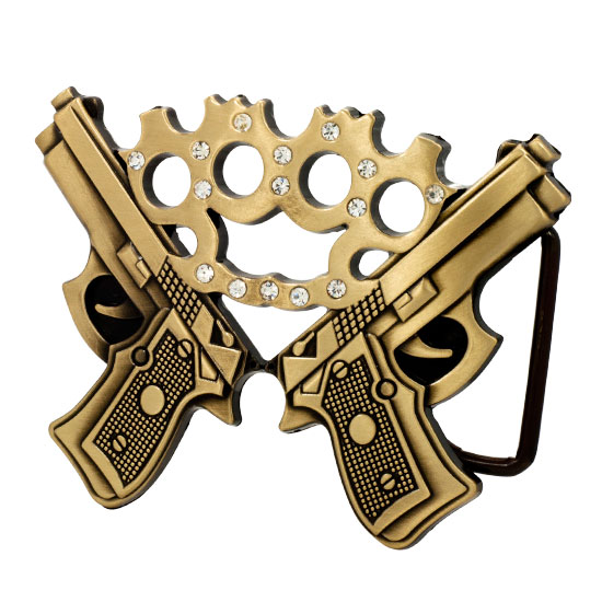 Bronze Double Gun & Jeweled Brass Knuckles Belt Buckle Guns Weapons