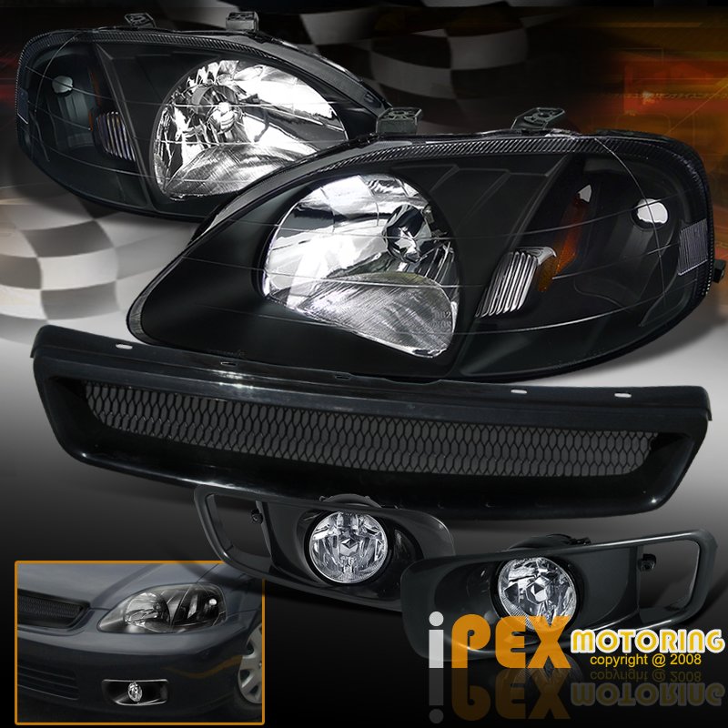 19992000 Honda Civic EK JDM Black Headlights + TypeR Grill + Fog Lights