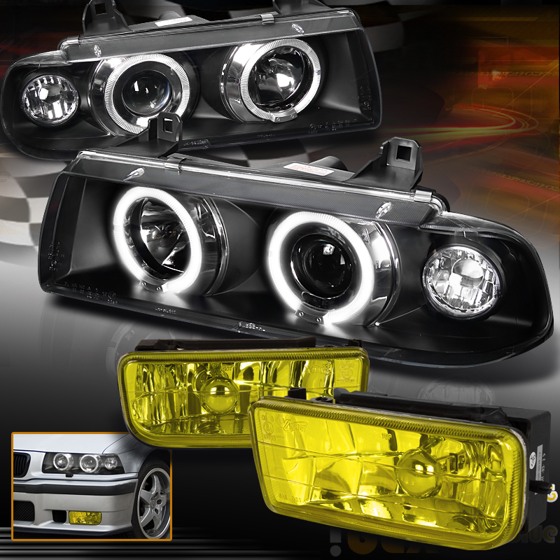 19921998 BMW E36 3Series Halo Projector Black Headlights W/ Yellow