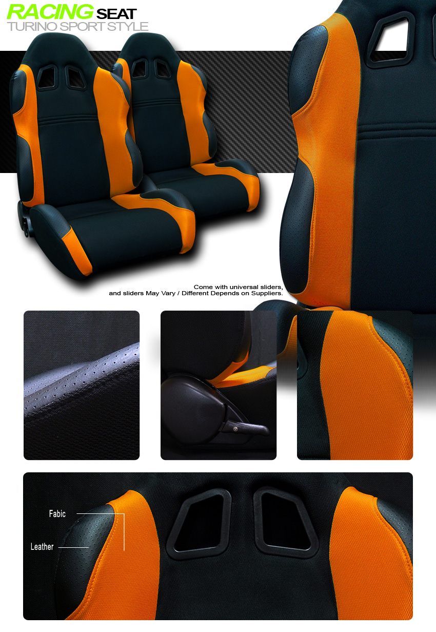 2X TS Sport Blk/Orange Cloth Fabric Reclinable Racing Bucket Seats w