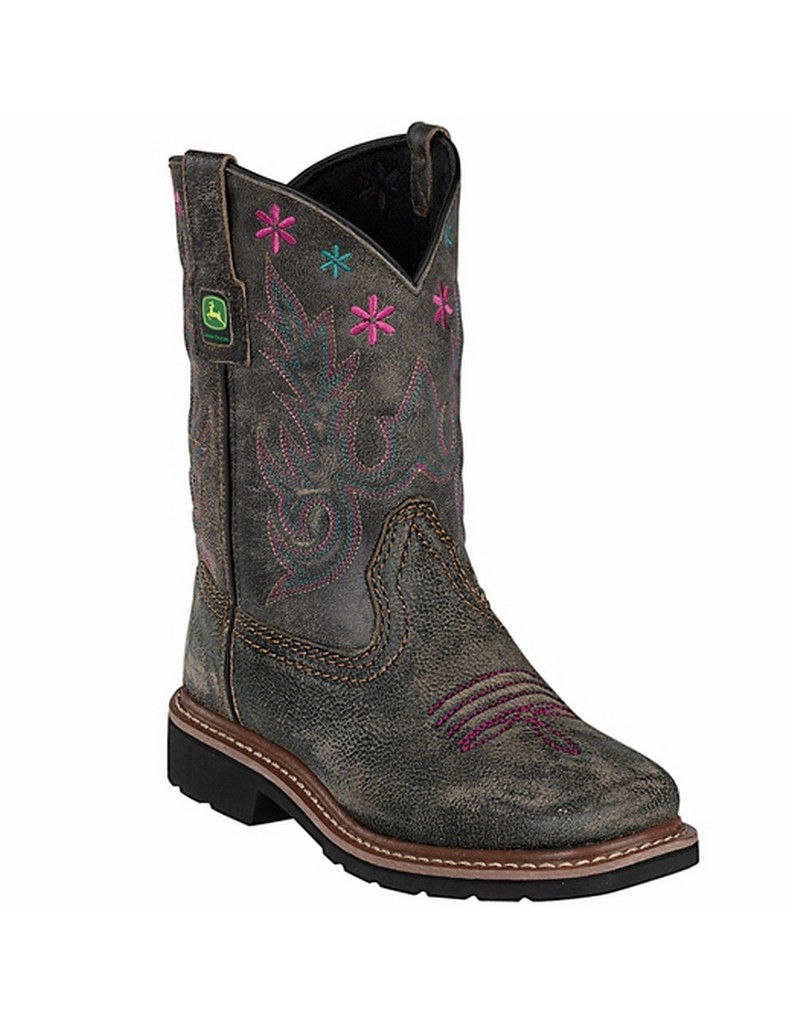 John Deere Western Boots Girls Kids 9” Shaft Flower Black JD2332