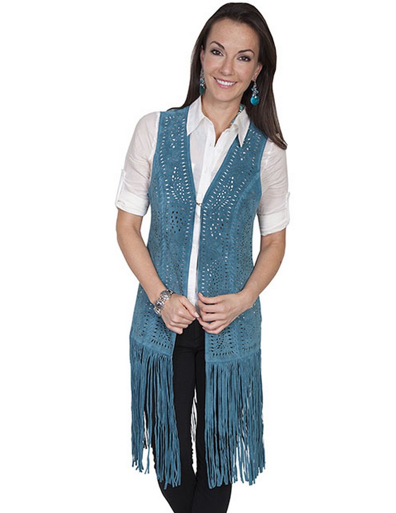 Scully Western Vest Womens Leather Laser Cut Long Fringe L996 eBay