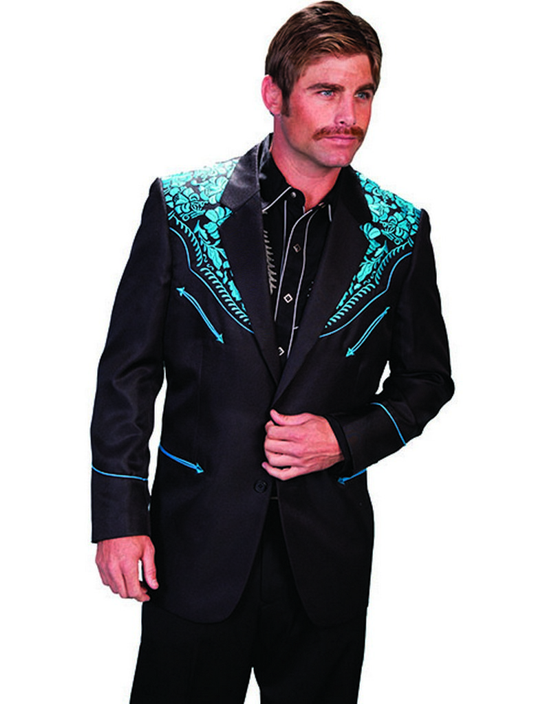 thumbnail image 2 of Scully Black Button Front Men's Blazer With Floral Embroidery - Western Style Formal Jacket P-733 2 of 13