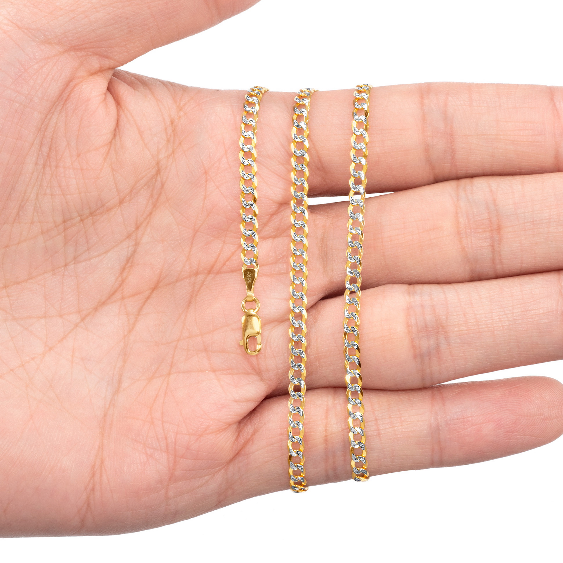 Solid 14k Yellow Gold 3mm Diamond Cut Pave Curb Cuban Chain Necklace 16/" 30/"