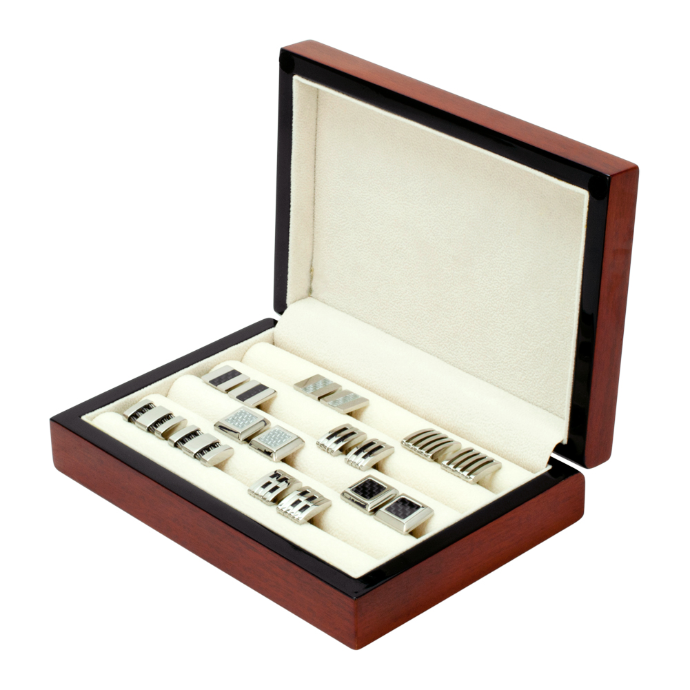 Cherry Wood Cufflink Jewelry Ring Post Earring Box Organizer Hinged