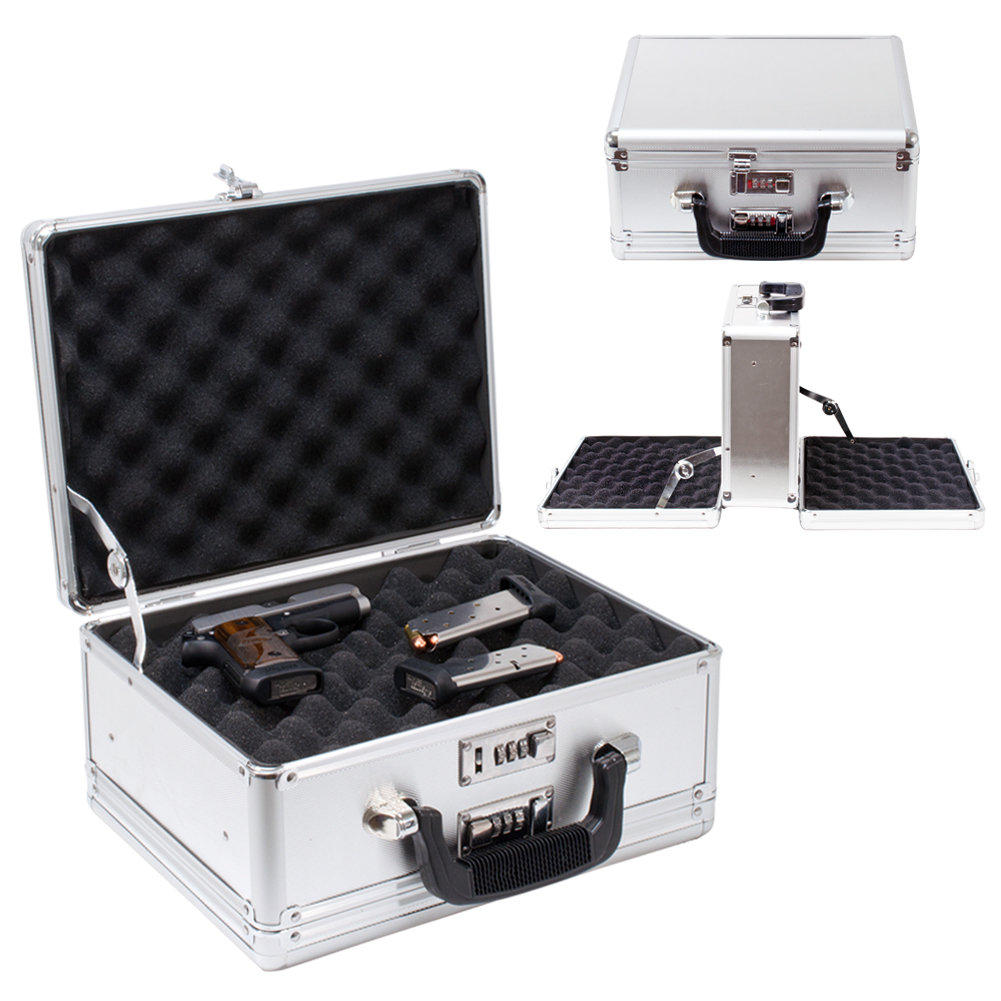 Silver Double Sided Hand Gun Lock Case Pistol Security Box Airsoft Hard