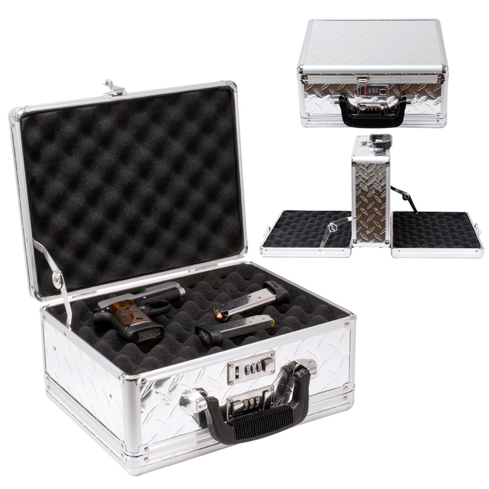 Silver Diamond Double Sided Hand Gun Lock Case Pistol Security Box Hard