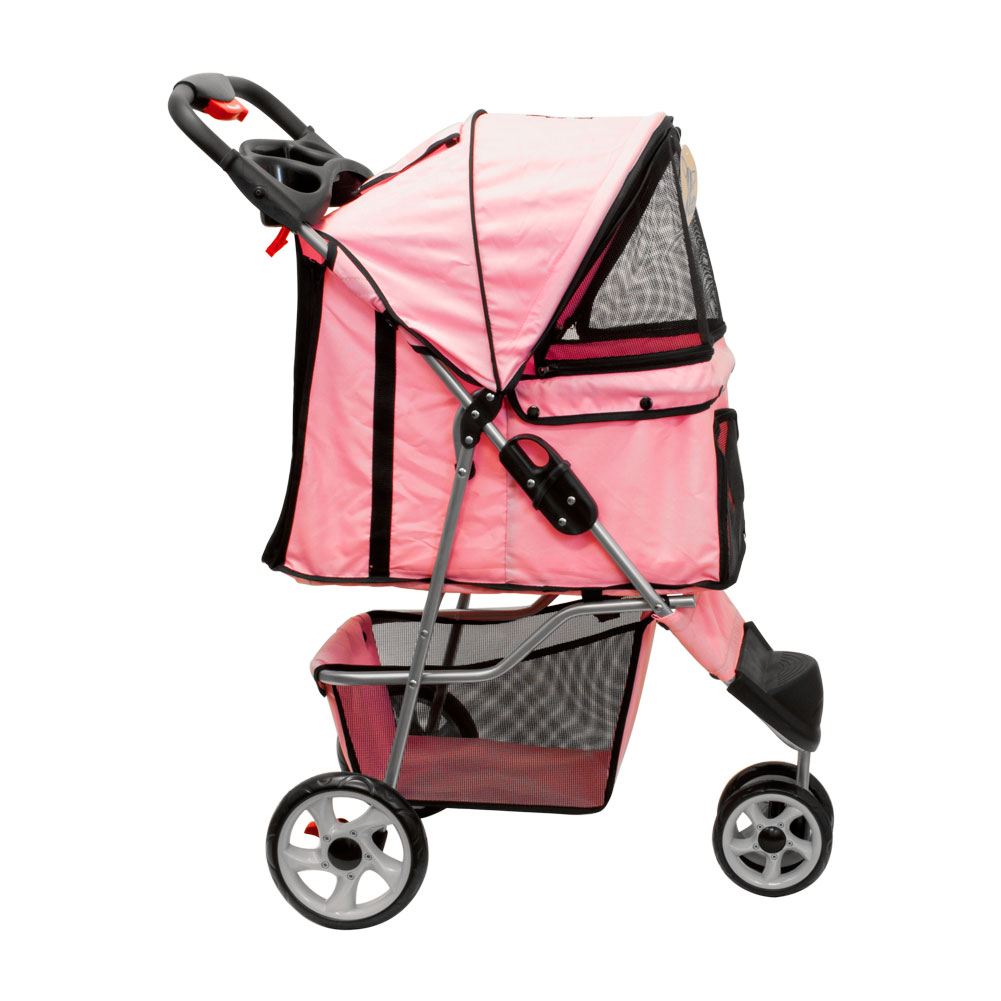 One Hand Folding 3 Wheel Pet Stroller Carrier Dog Cat & Rain Cover