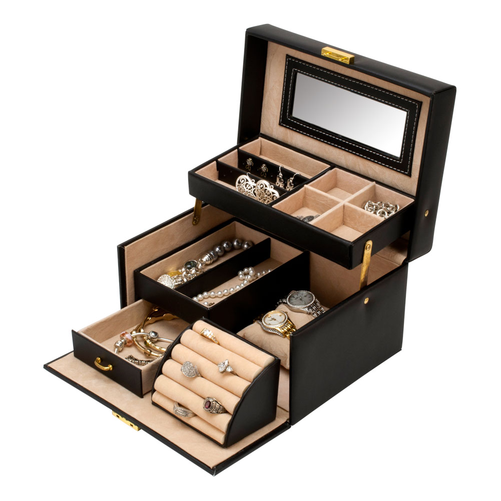 Womens Jewelry Watch Ring Box Black Lockable Leather 2 Tier Fold Out