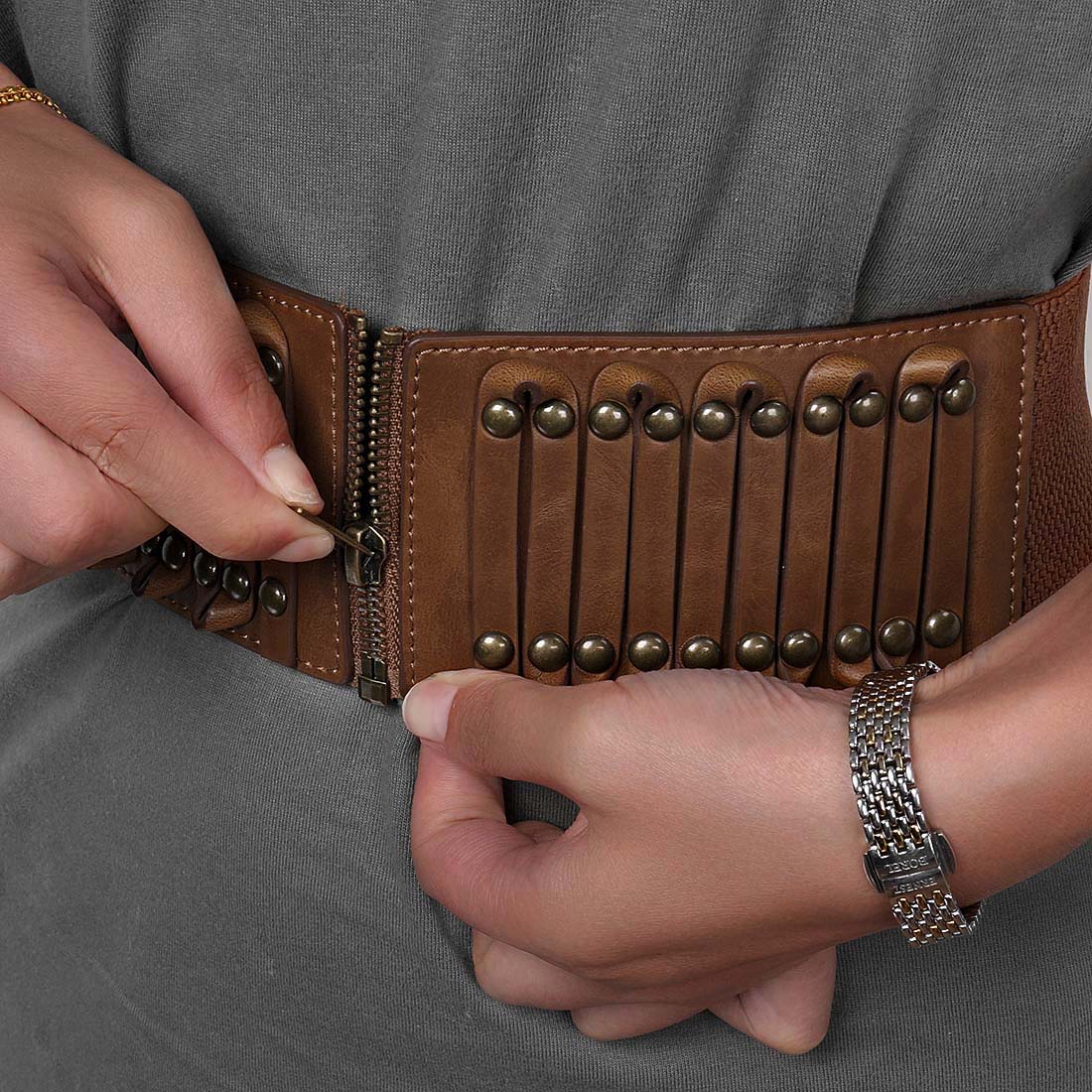 BMC Womens Wide Elastic Faux Leather Shoelace Pattern Fashion Accessory