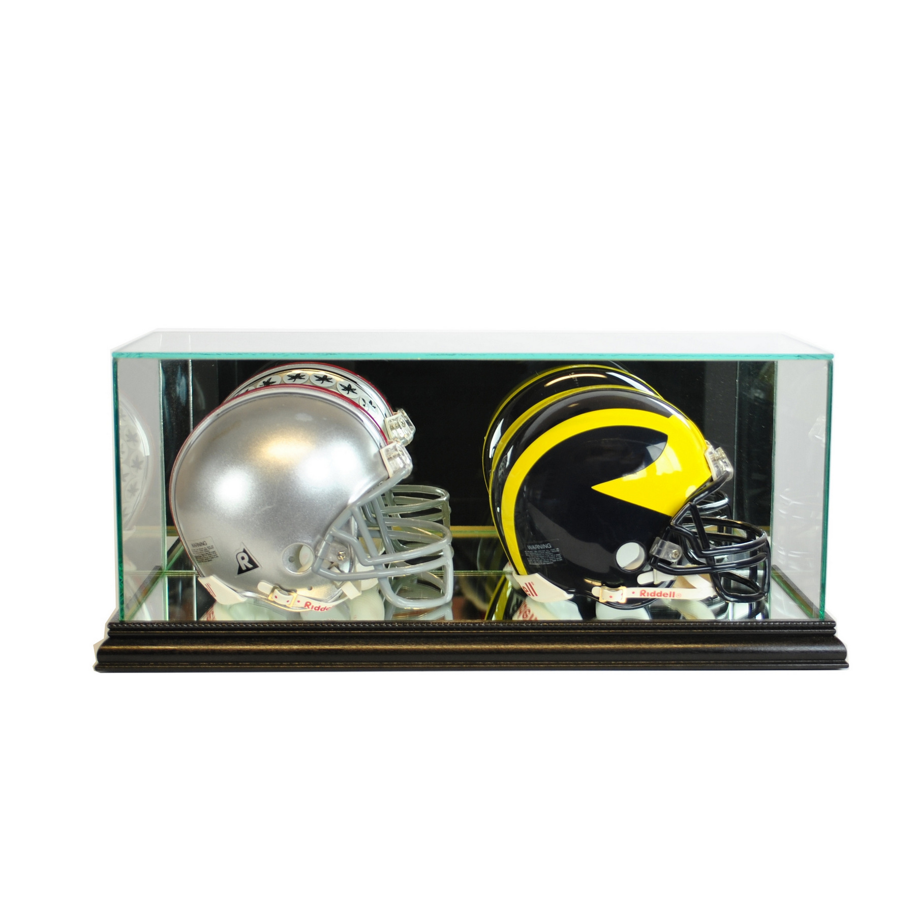 GLASS DOUBLE MINI HELMET DISPLAY CASE UV PROTECTION BLACK WOOD eBay