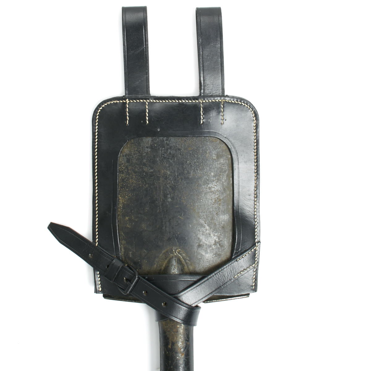 German WWII Entrenching Tool Leather Cover - Black Leather Shovel Carrier With Strap & Buckle