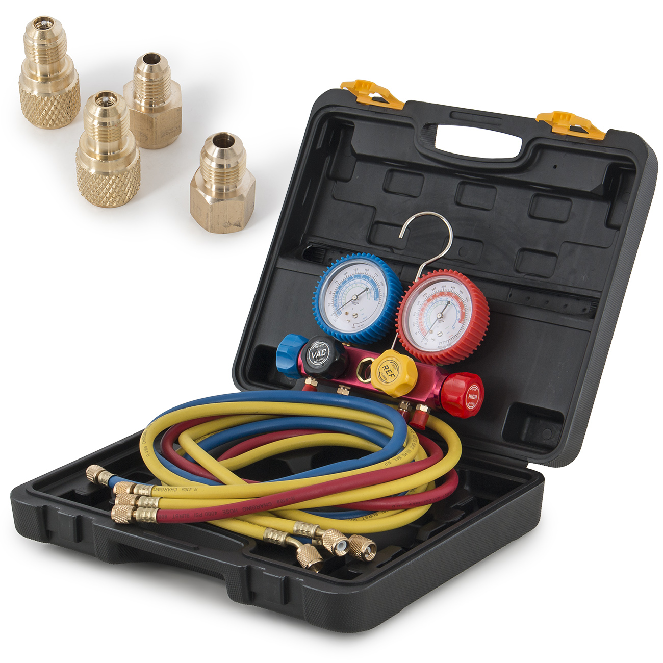 4 Valve R404A R410A R22 Manifold Gauge Set w/Hoses & Hi Low Adapters