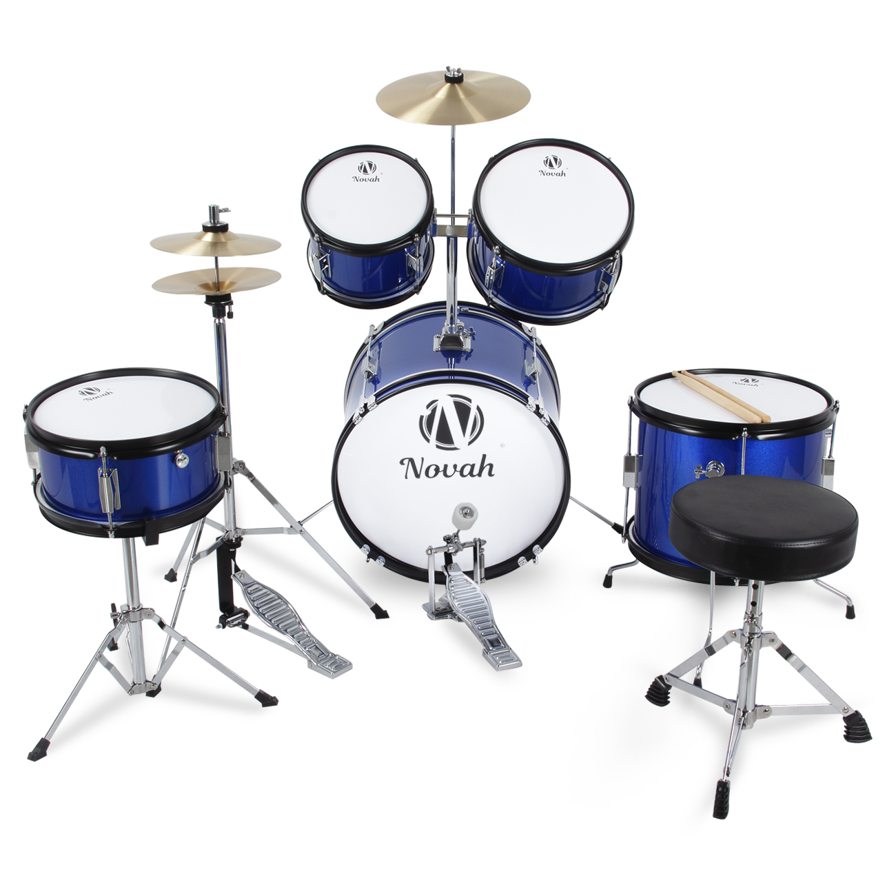 Drum Set 5Piece Complete Junior Set Cymbals Full Size w/ Stool (Blue