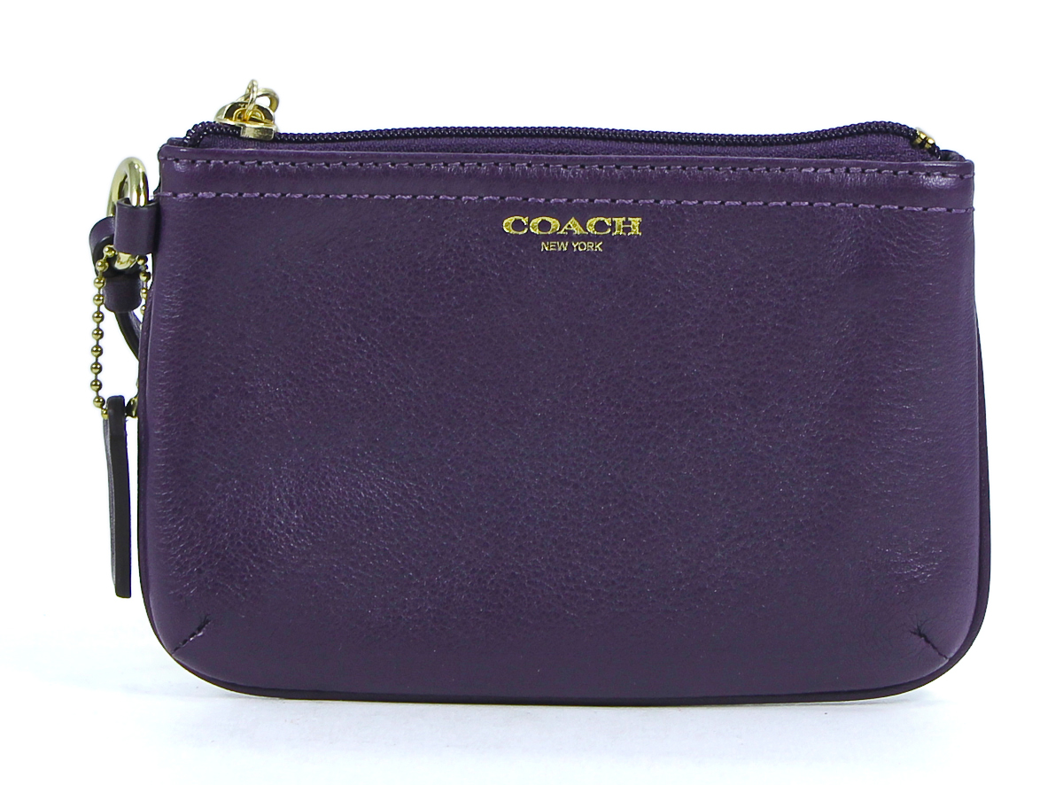 Coach Box Leather Small Wristlet Clutch Black Violet Purple Wallet
