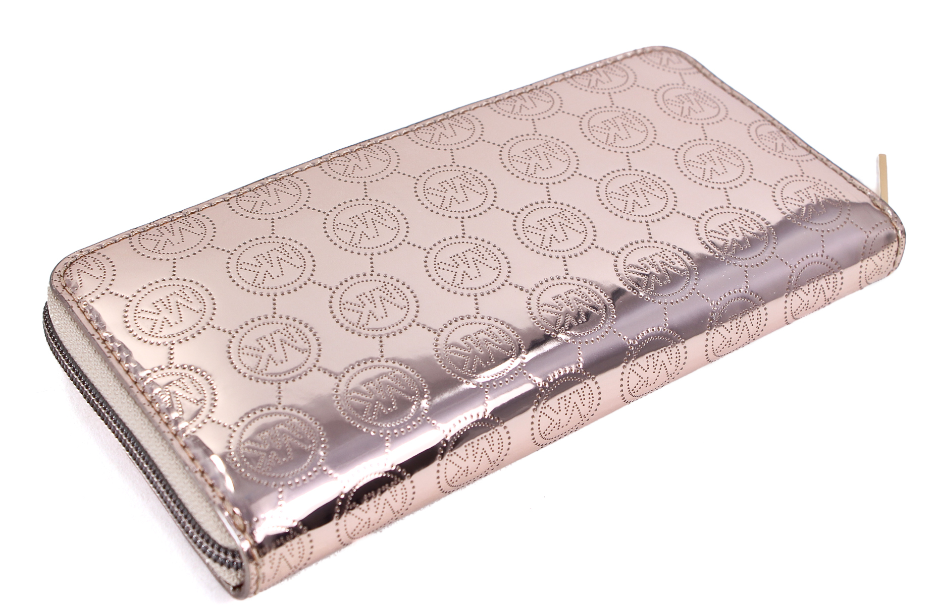 Michael Kors Rose Gold Mirror Metallic Jet Set Zip Around Continental Wallet New