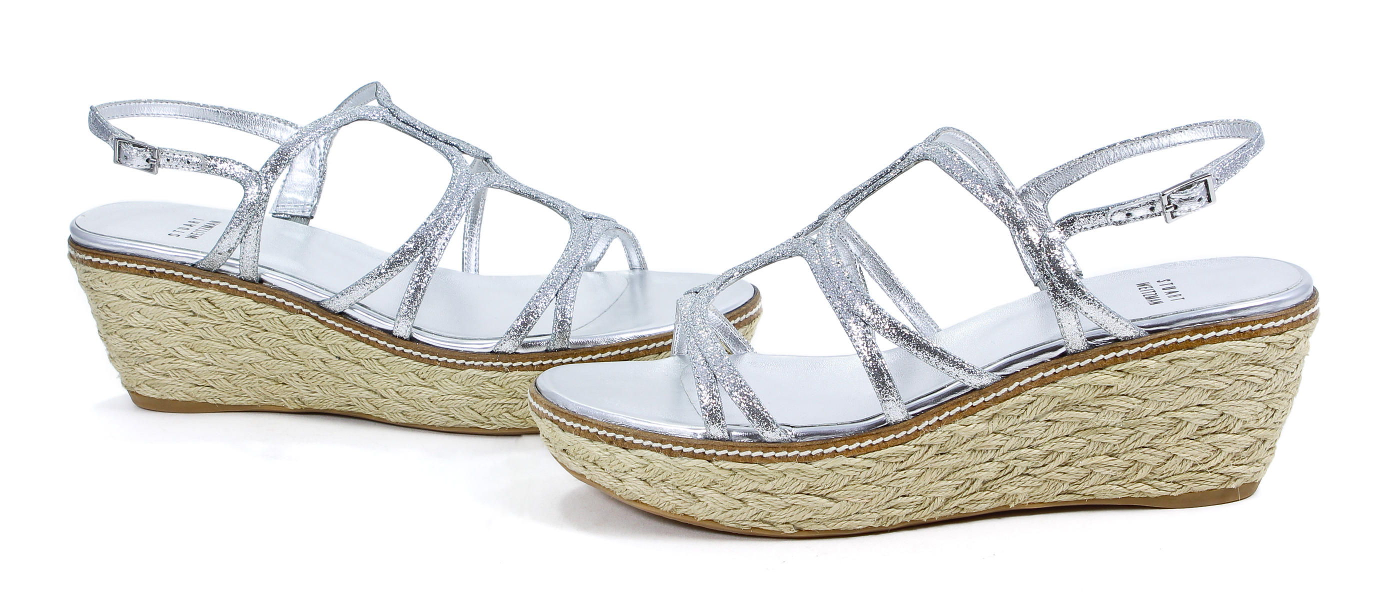 Stuart Weitzman Foursome Silver Mini Glitter Wedge Platform Sandal Shoes 9 New eBay