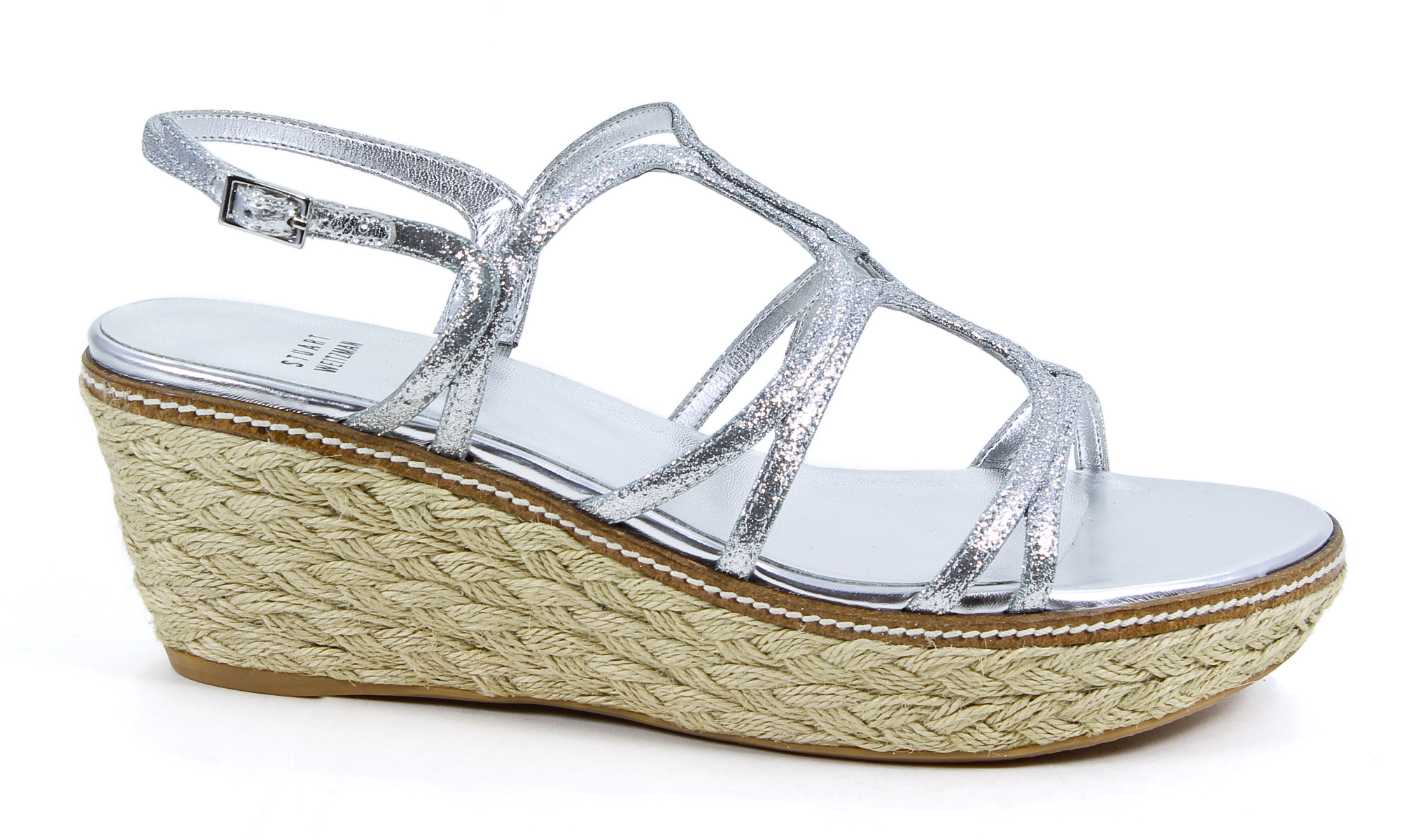 Stuart Weitzman Foursome Silver Mini Glitter Wedge Platform Sandal Shoes 9 New | eBay