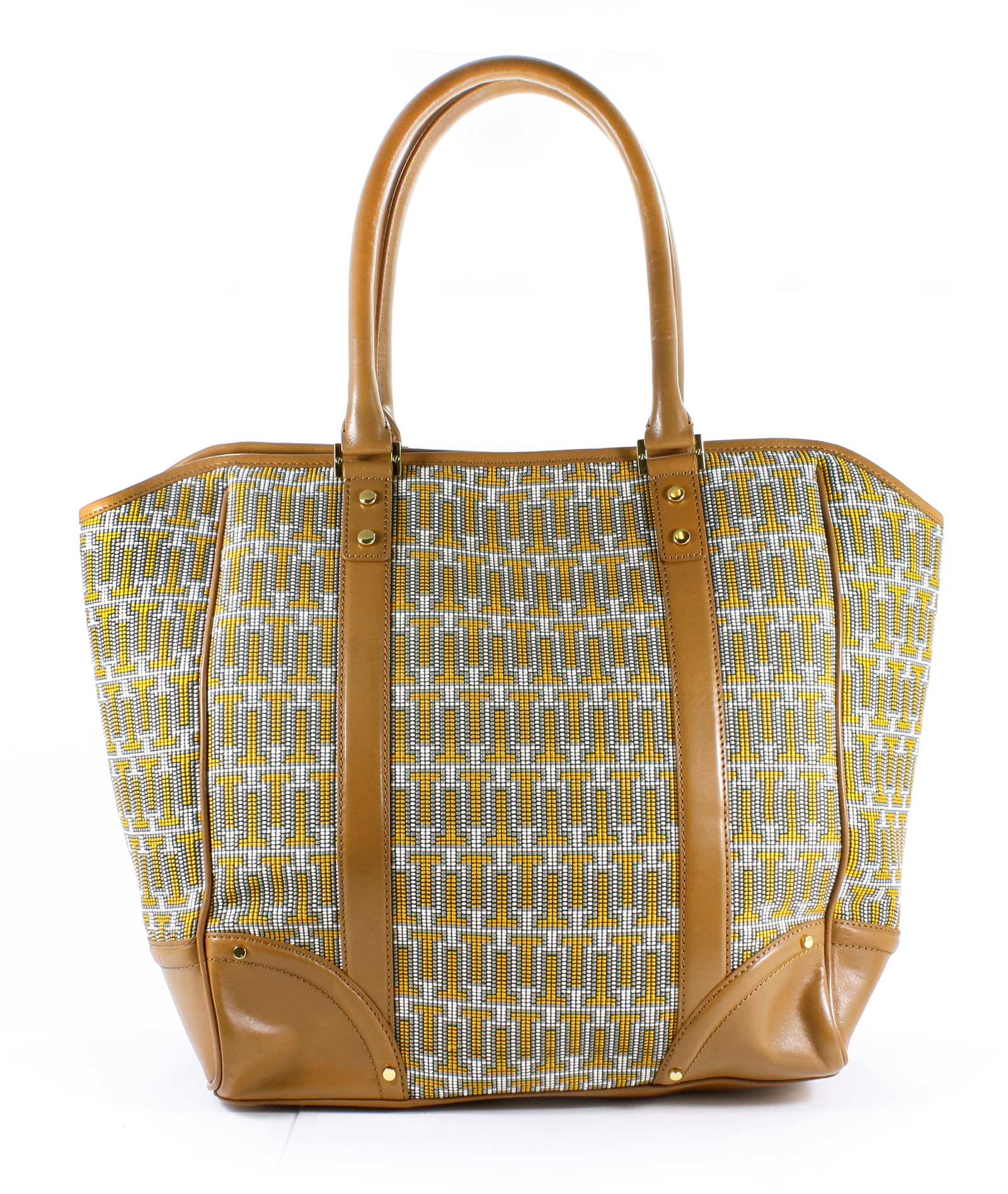 Tory Burch Large Leather Needlepoint T Tote Yellow Multi Handbag New eBay