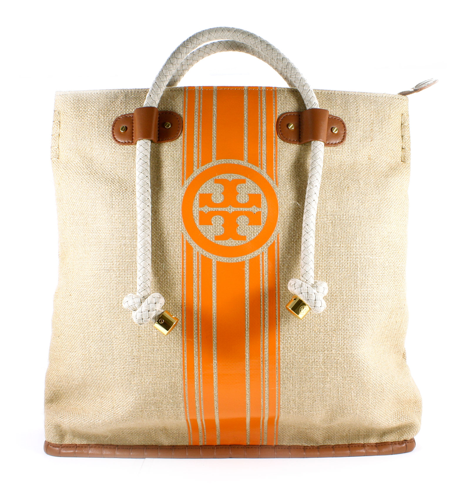 Tory Burch Burlap Stripe Shopper Tote Natural Orange Handbag New eBay