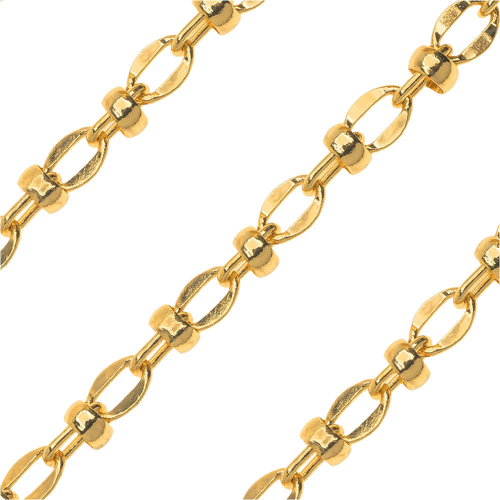 Gold Plated Bulk Chain, Link and Connector with Bead 4x6mm, Sold By The