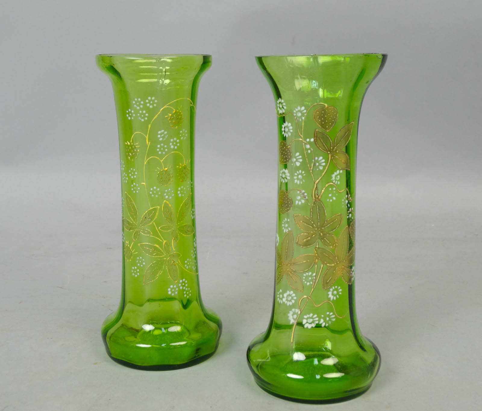 Antique 19c Green Art Glass Raspberry & Strawberry Flower Mantel Vases