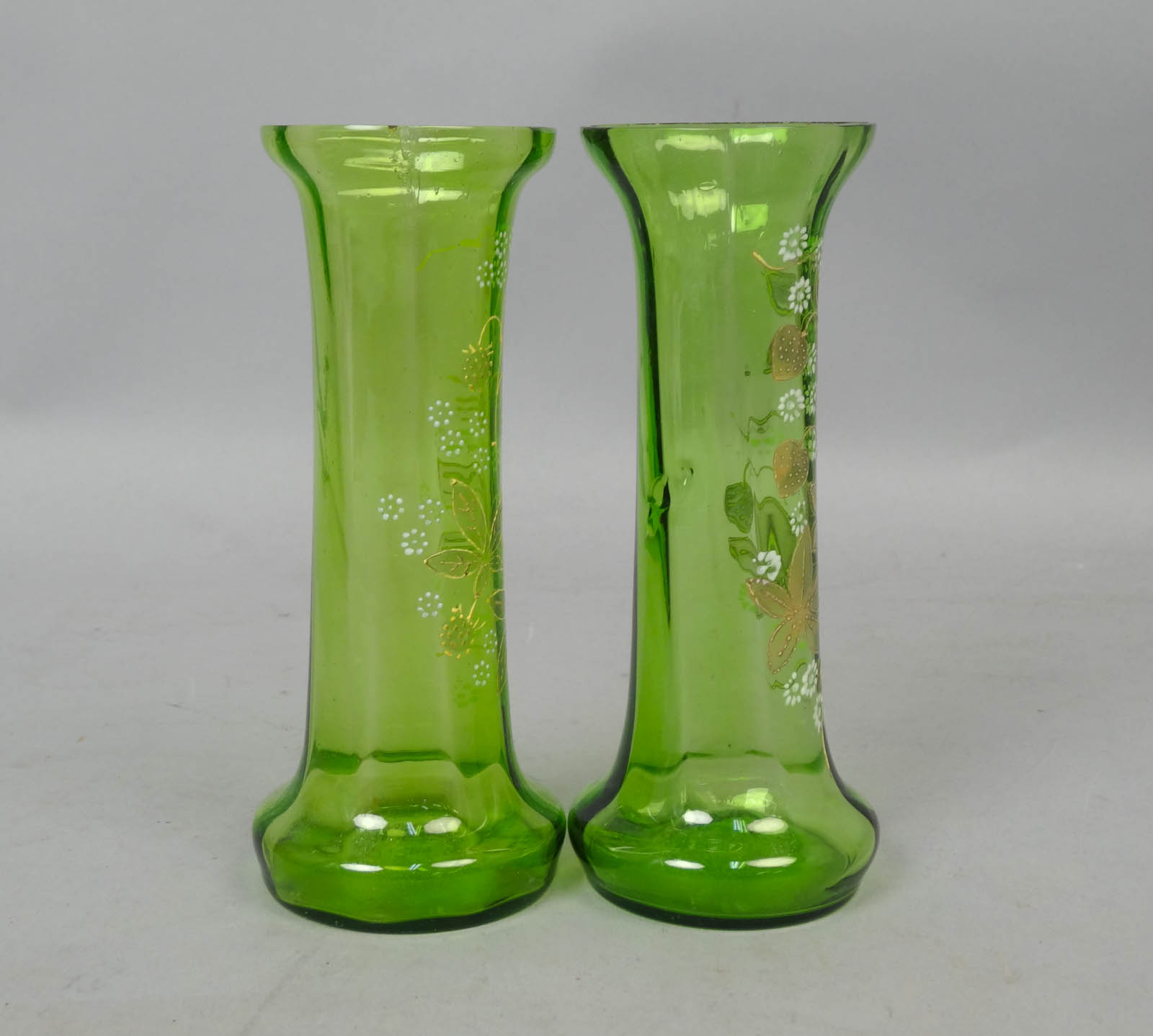 Antique 19c Green Art Glass Raspberry & Strawberry Flower Mantel Vases