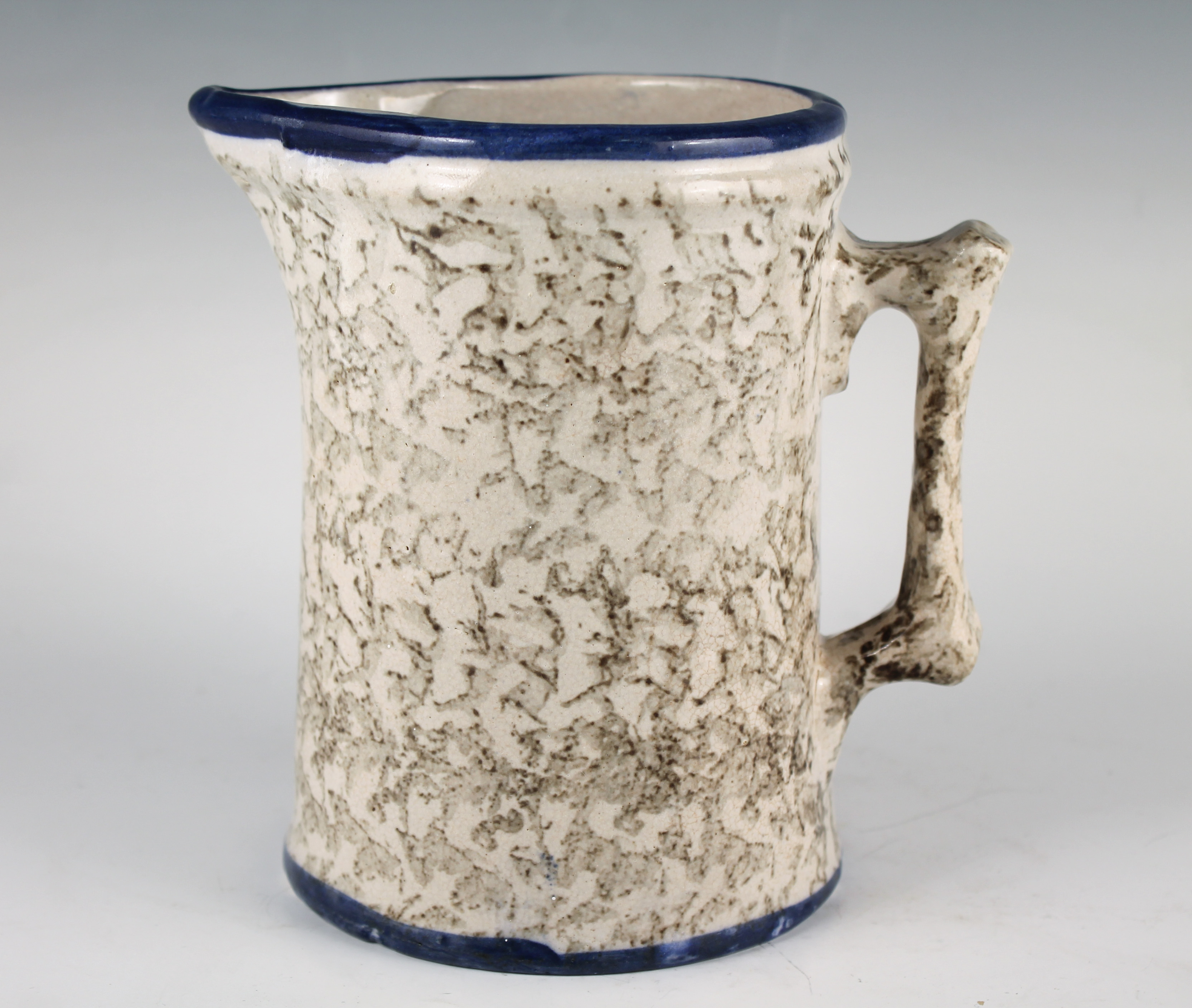 Antique 19c Green Spongeware Blue Band Salt Glaze Stoneware Pitcher