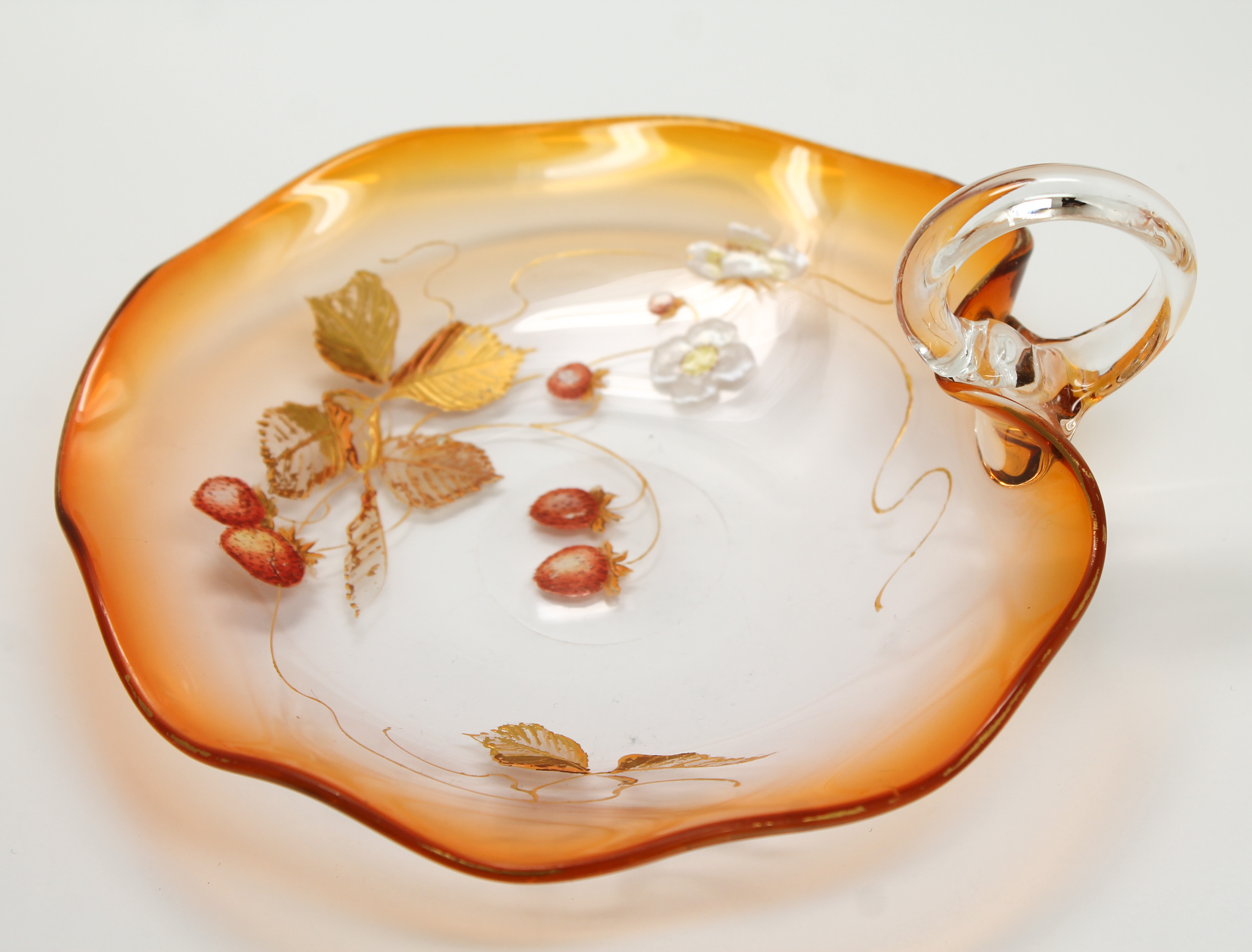 Antique 19c Pair Victorian Orange Art Glass Strawberry Enameled Serving