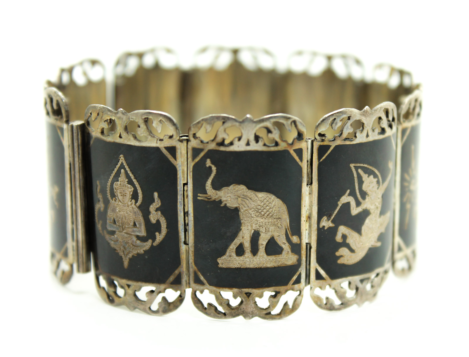 Vintage 20c Sterling Silver Niello Siam Dancing Angel Elephant Panel